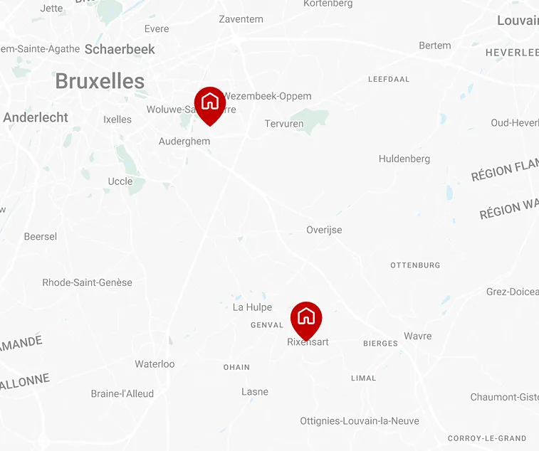 Carte de localisation des bureaux J&J Properties à Bruxelles et Rixensart